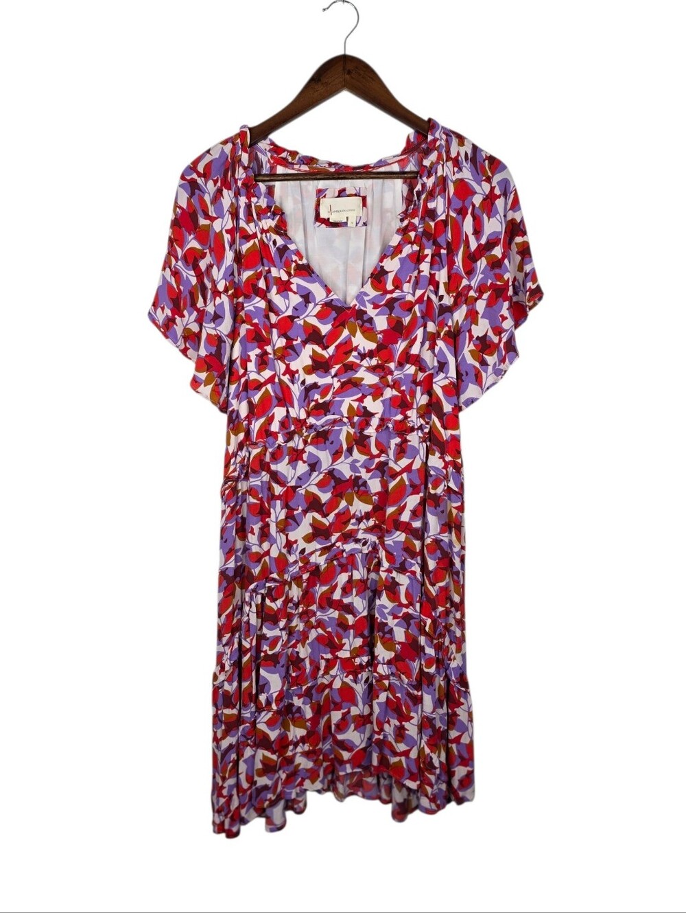 Anthropologie Robin Floral Dress Red Purple Flutter Sleeve Tiered Cottagecore L